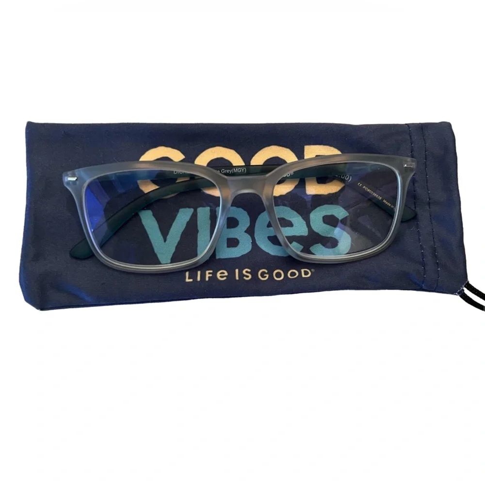 Life is Good - Good Vibes Dickens Matte Grey Reading Glasses w/Drawstring Pouch